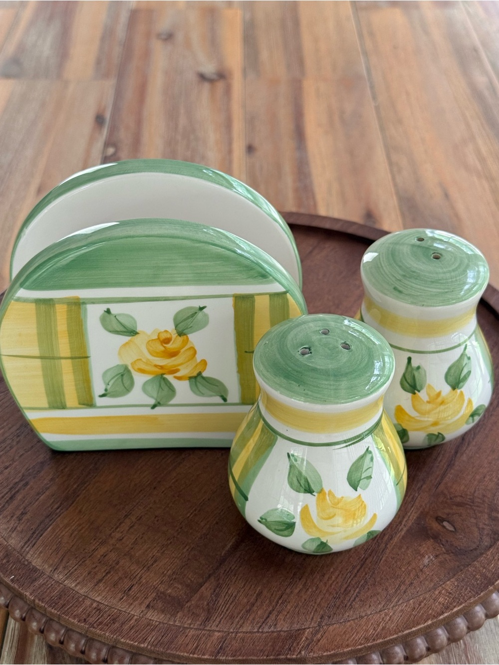 Royal Norfolk Yellow Rose Green Ceramic Napkin Holder, Salt Pepper Shakers